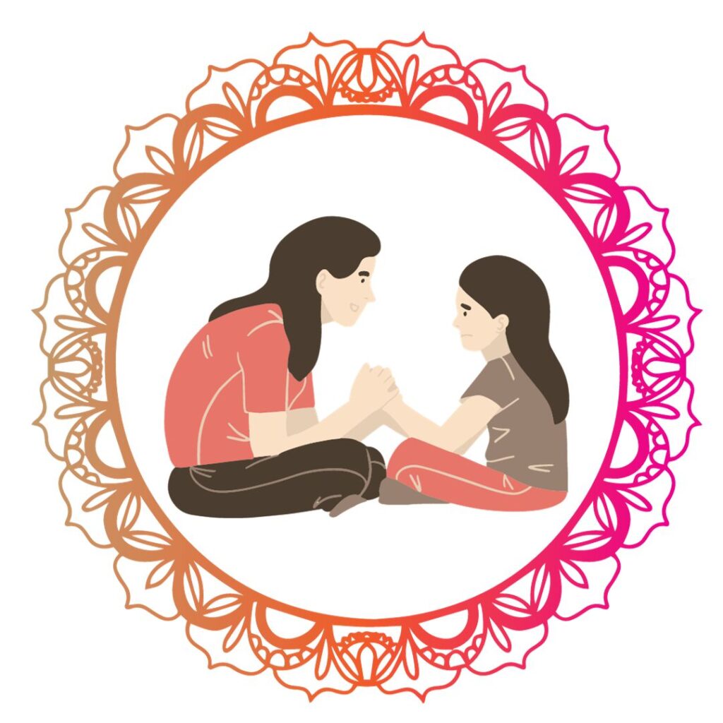 Ilustracja matki z dzieckiem otoczonych kolorowym kołem – relacja, bliskość i wsparcie rozwoju dziecka