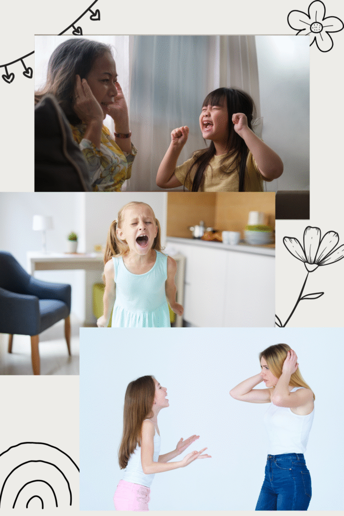 Kolaż trzech zdjęć pokazujących dziecko krzyczące na rodzica – trudne emocje i problemy w relacji dziecko–rodzic