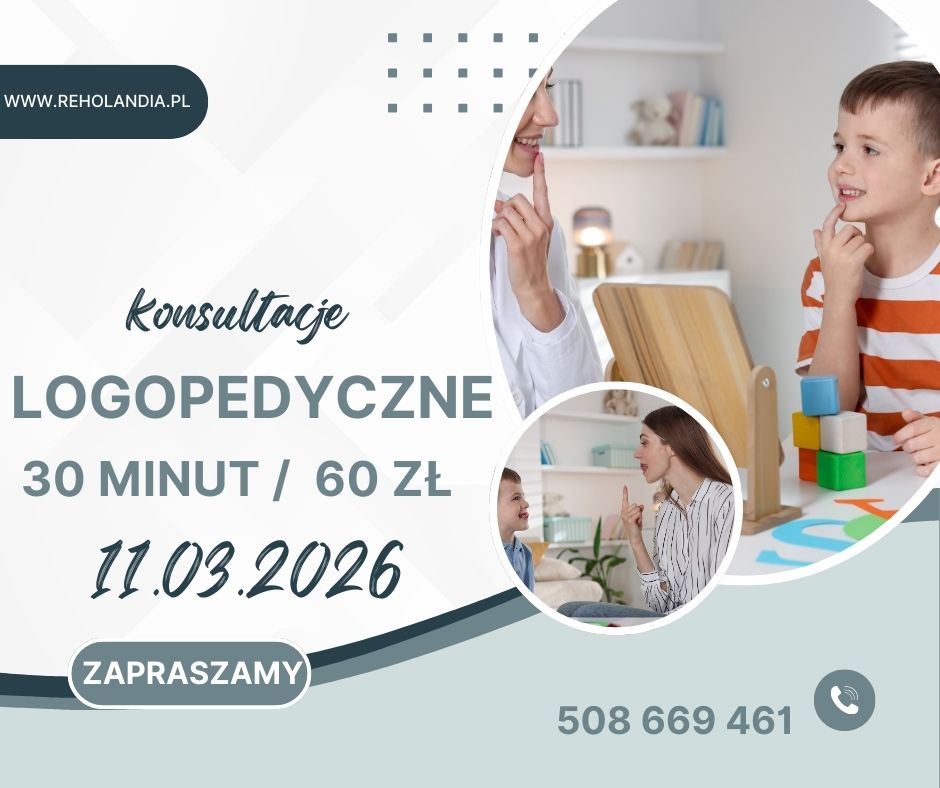 Grafika informacyjna w tle informująca o dacie i cenie konsultacji logopedycznych