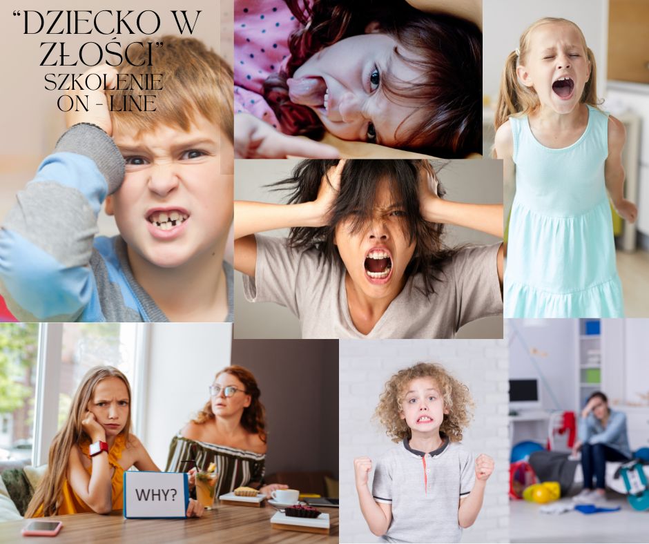 Kolaż zdjęć dzieci wyrażających złość, frustrację i silne emocje na grafice promującej szkolenie online „Dziecko w Złości”